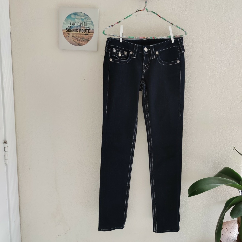 True Religion Julie Jeans Dark Wash Flap Pocket Stretch Embroider Skinny 26 X32"